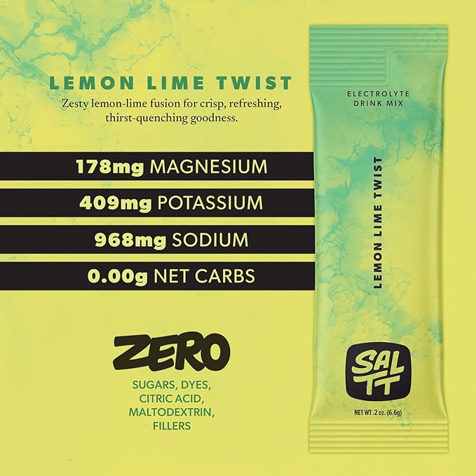 Keto Chow SALTT Electrolytes Powder Flavored Drink Mix - Lemon Lime Twist - 30 Hydration Packets - Magnesium, Potassium, Sodium, Trace Minerals - Zero Sugar & Gluten Free - Travel Essentials