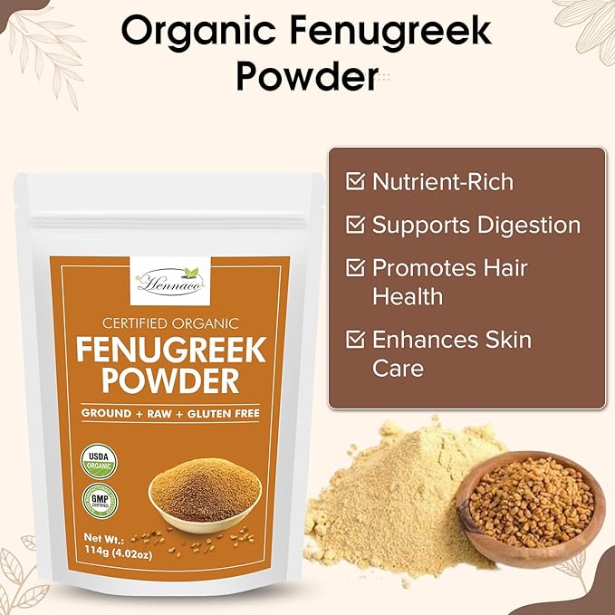 hennaco Organic Fenugreek Powder Powder | USDA Organic | GMP Certified | Pure & Natural Fenugreek Powder for Culinary, Skin and Hair | No Preservatives| Chemical Free | 114 Grams (4 OZ)