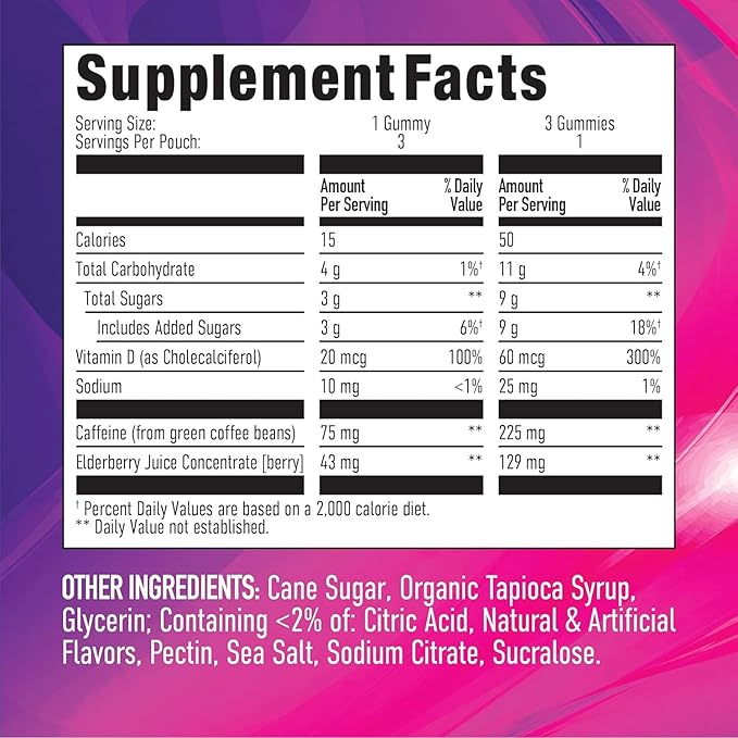 Energy Gummies, 1125 mg of Plant-Based Caffeine Chews per Bottle, Long Lasting Energy Boosters, Elderberry (15ct)