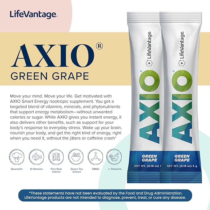 LifeVantage - AXIO - Regular Energy Drink Powder, Green Grape with B Vitamins, DMAE, L-Theanine, Quercetin, Green Tea and Pine Bark - 30 Packets