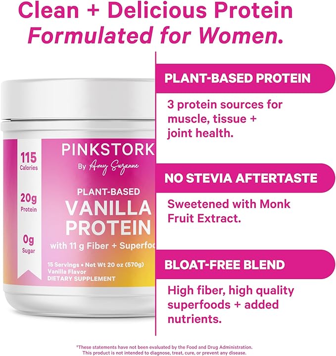Pink Stork Protein Powder for Women, 20g Plant Based Protein Powder with Fiber + Superfoods, Gluten Free, Dairy Free, Sugar Free, Vanilla Protein Shake - 15 Scoops