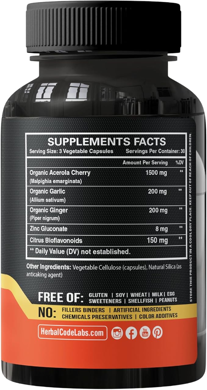 Natural Vitamin C from Organic Acerola Cherry - High Absorption - with Garlic Ginger & Citrus Bioflavonoids - Immune System & Collagen Booster - Anti Aging Skin Vitamins