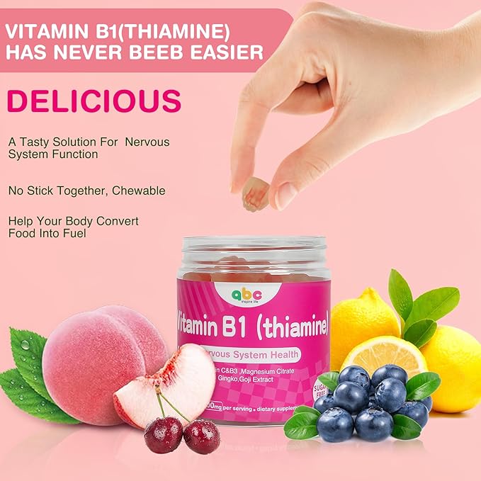 Vitamin B1 Gummies Chewable Thiamine 500mg & Vitamin B3 & Vitamin C,Sugar Free - Non GMO,Vegan,Natural Peach Flavor - Thiamine B1 Supplement for Adults & Kids