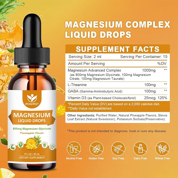 Magnesium Glycinate Liquid Drops with Citrate & Taurate - Cognition, Muscle & Focus, Liquid Magnesium Complex Supplement with Vitamin D3, GABA, L-theanine, Pineapple Flavor - 1 Fl Oz (2 Pack)