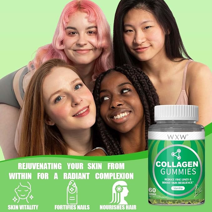 WXW Hydrolyzed Collagen Peptides Gummies for Women, Non-GMO Anti-Aging Formula with Biotin, Zinc, Vitamins C & E for Hair, Skin and Nails | 60ct,Vanilla Flavor