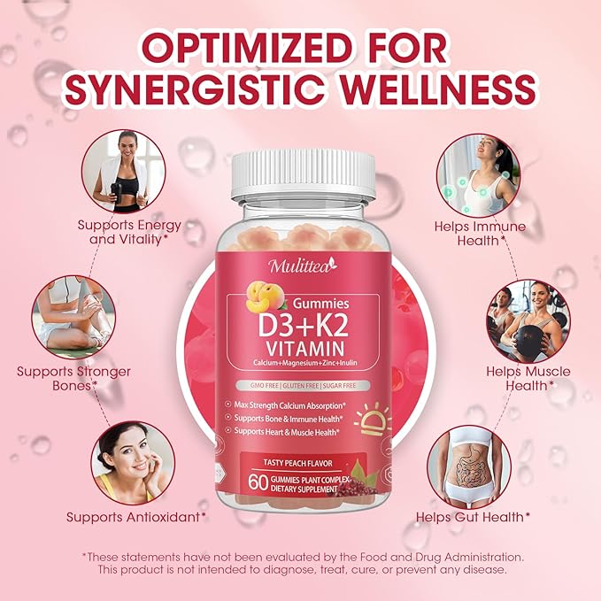 Vitamin D3 10000 IU + K2 (MK7) 200mcg w/Calcium Magnesium Zinc Elderberry & Inulin-Highly Bioavailable-Enhanced Absorption for Immune & Bone Support- K2 D3 Vitamin Supplement-Vegan Gummies