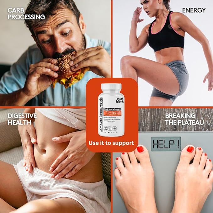 Youth & Tonic Balanced Detox Pills as Complete Gut Cleanse & Carb Matrix Support with ACV, Glucomannan, Chromium for Body Detoxing & Digestive Health, Supplement for Men & Women, Third-Party Tested