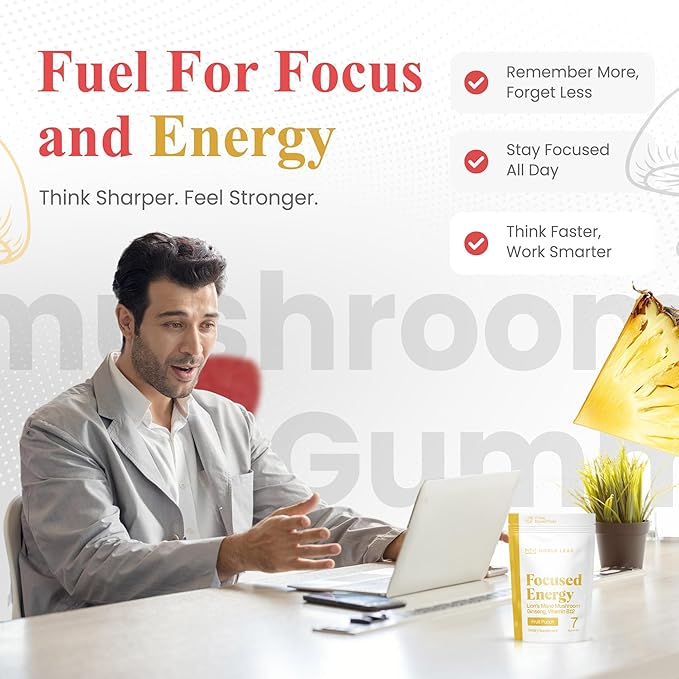 Lion Mane Mushroom Gummies for Focus and Energy - Focus Gummies for Adults with American Ginseng & B12 for Clarity & Natural Energy, Vegan, Non-GMO, Gluten Free, Fruit Punch Flavor, 7 Count
