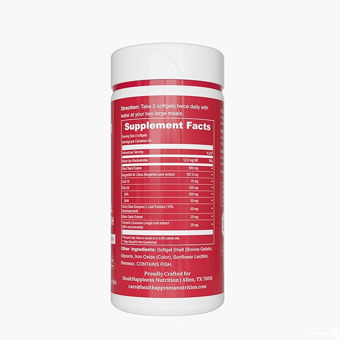 UpNourish Plant Sterols Citrus Bergamot Supplement for High Cholesterol with Stanols, Heart Health Support with CoQ10, Omega 3, Olive Leaf, Turmeric Curcumin, Black Garlic and Niacin - 120 Softgels