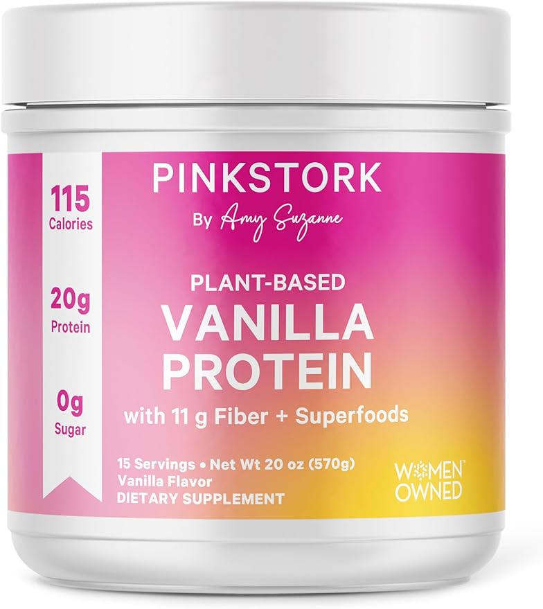Pink Stork Protein Powder for Women, 20g Plant Based Protein Powder with Fiber + Superfoods, Gluten Free, Dairy Free, Sugar Free, Vanilla Protein Shake - 15 Scoops