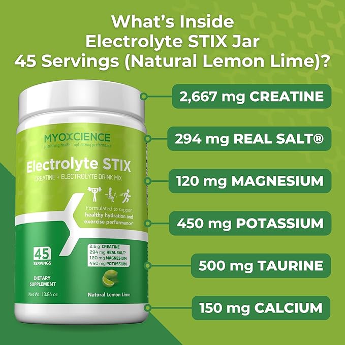 MYOXCIENCE Electrolyte STIX | Creatine Electrolyte Powder | Recovery from Exercise & Muscle Development w/Real Salt (Lemon Lime Flavor) (Jar 45 ct)