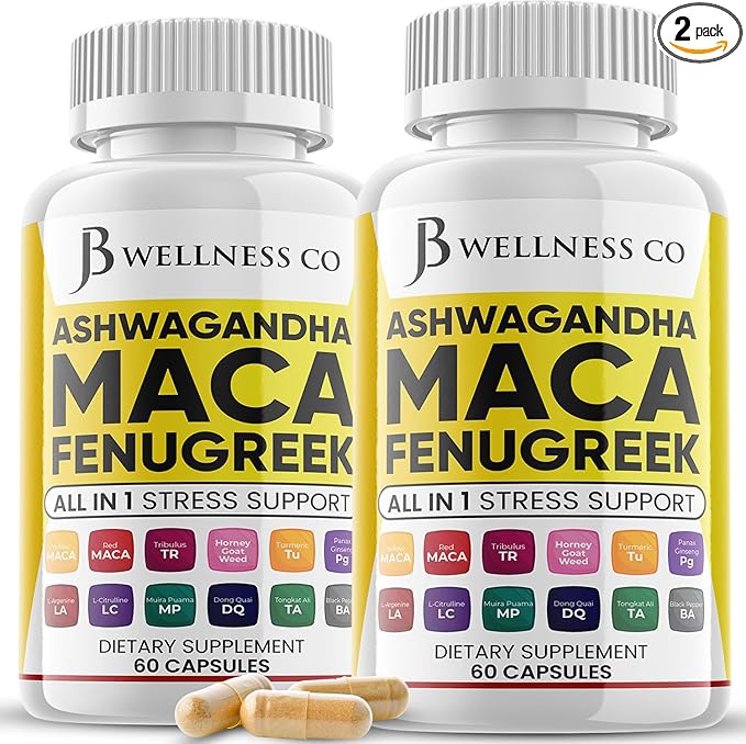 Ashwagandha Maca Root Fenugreek Supplement with Tongkat Ali Ginseng - Assists with Mood & Thyroid Health - Made in USA - 120 Count