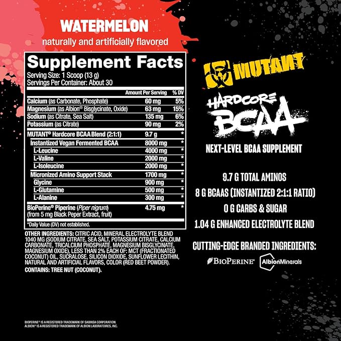 Mutant Hardcore BCAA - Pre, Intra or Post Workout – BCAA Next Level branched-Chain Amino Acids Supplement – Hydration + Recovery - 30 Serving - Watermelon