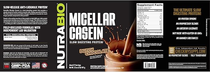 NutraBio Micellar Casein Protein Powder, 2 lbs, Dutch Chocolate