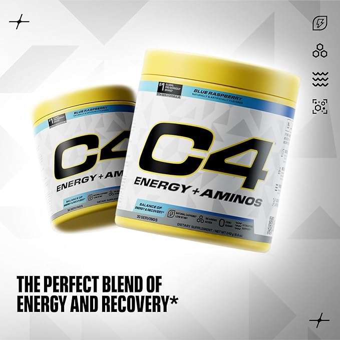 Cellucor C4 Energy + Aminos Powder | 5g BCAAs & EAAs for Muscle Recovery, 3 Electrolytes for Hydration, 100mg Natural Caffeine | Pre Workout | Zero Sugar, 30 Servings, Blue Raspberry
