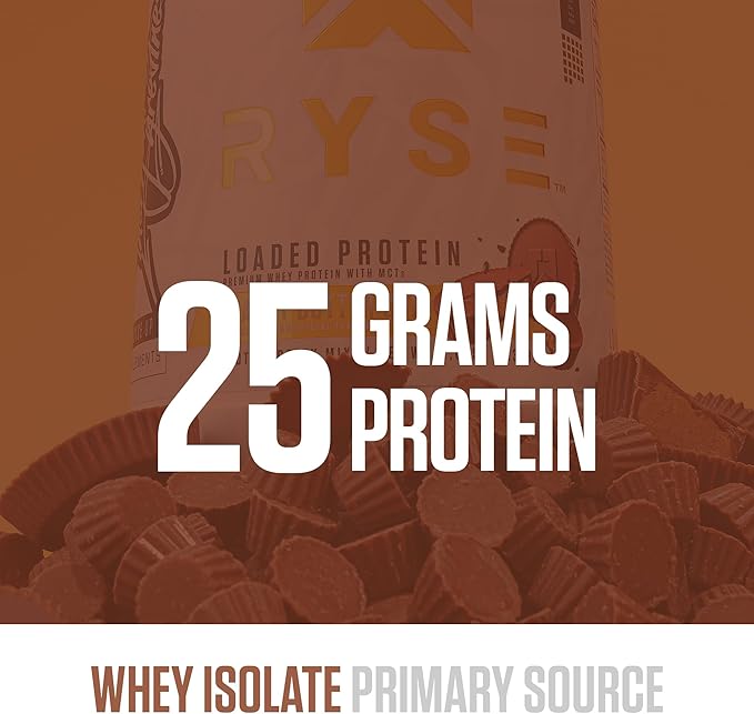Ryse Loaded Protein Powder - Peanut Butter Cup - 25g Whey Protein Isolate & Concentrate with Prebiotic Fiber & MCTs - Low Carb, Low Sugar, Digestive-Friendly - 27 Servings / 2 lb Tub