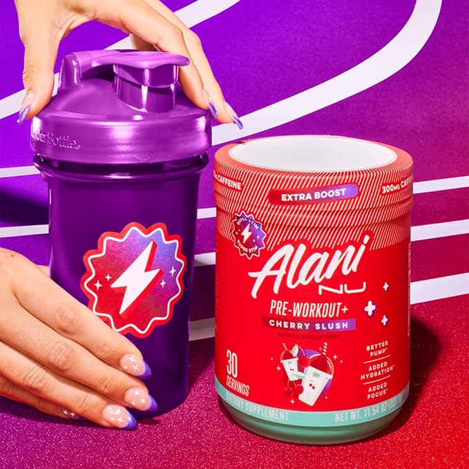 Alani Nu Pre Workout+ Powder Cherry Slush, Extra Boost, Sugar Free, 300mg Caffeine, L-Theanine, Beta-Alanine, Citrulline, 30 Servings
