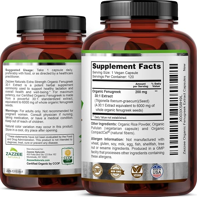 Zazzee USDA Organic Fenugreek 30:1 Extract, 6000 mg Strength, 120 Vegan Capsules, 4 Month Supply, Standardized and Concentrated 30X Extract, 100% Vegetarian, All-Natural and Non-GMO