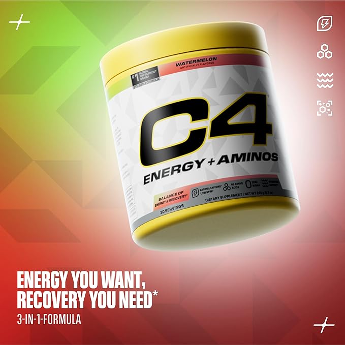 Cellucor C4 Energy + Aminos Powder | 5g BCAAs & EAAs for Muscle Recovery, 3 Electrolytes for Hydration, 100mg Natural Caffeine | Pre Workout | Zero Sugar, 30 Servings, Watermelon