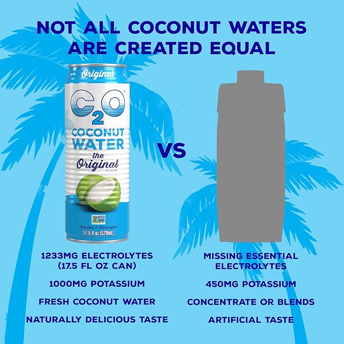 C2O - Coconut Water, The Original Flavor (12 Pack) - Made with Fresh Coconut Water, Plant Based - Non GMO Canned Water - Natural Hydration, Essential Electrolytes, & Potassium - 12 Cans, 17.5 FL OZ