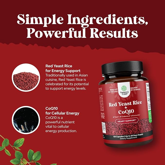Natures Craft Red Yeast Rice with CoQ10 Supplement - Advanced Healthy Heart Formula for Men & Women - Extra Strength Capsule with 1200 mg per Serving - Vegan & Non-GMO - 120 Count