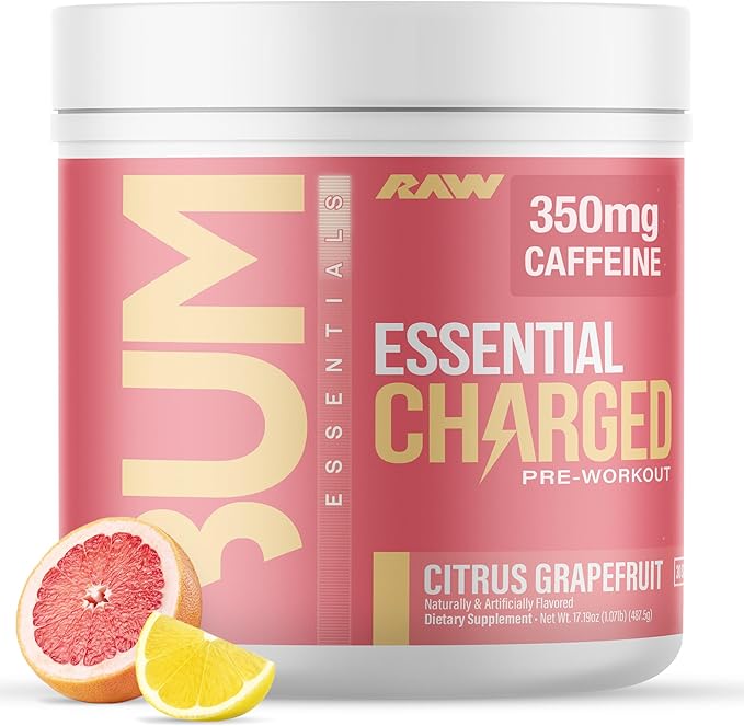 RAW Pre-Workout Powder, Essential CHARGED (Citrus Grapefruit) - Preworkout Supplement for Men, Women - Supports Focus, Mood, Performance - Caffeine, Alpha-GPC, L-Citrulline, Beta Alanine (25 Servings)