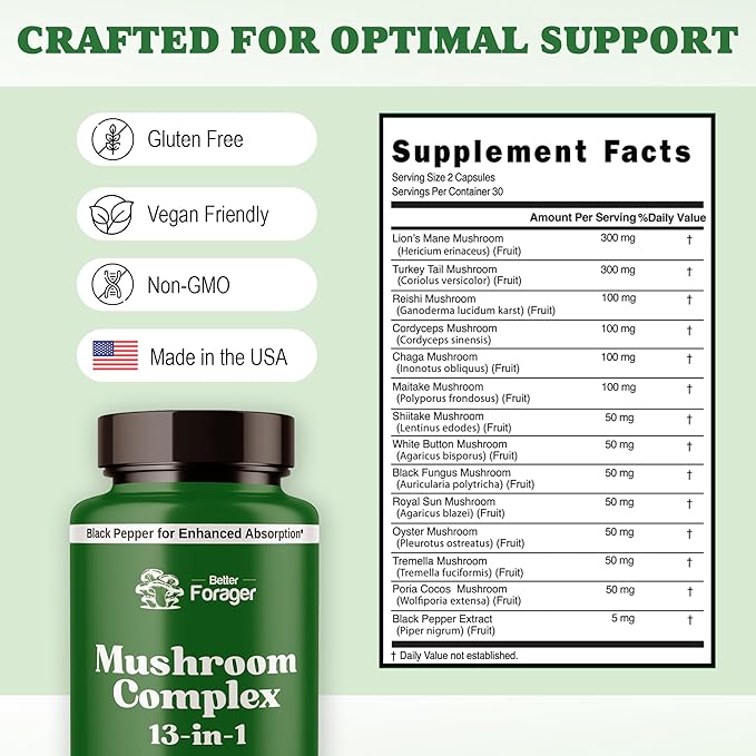 Mushroom Complex Capsules, 13-in-1 Mushroom Supplement, Lion's Mane, Reishi, Cordyceps, & More, Promotes Focus, Clarity, & Memory, Extract Supplement, 1 Month Supply, 60 Count