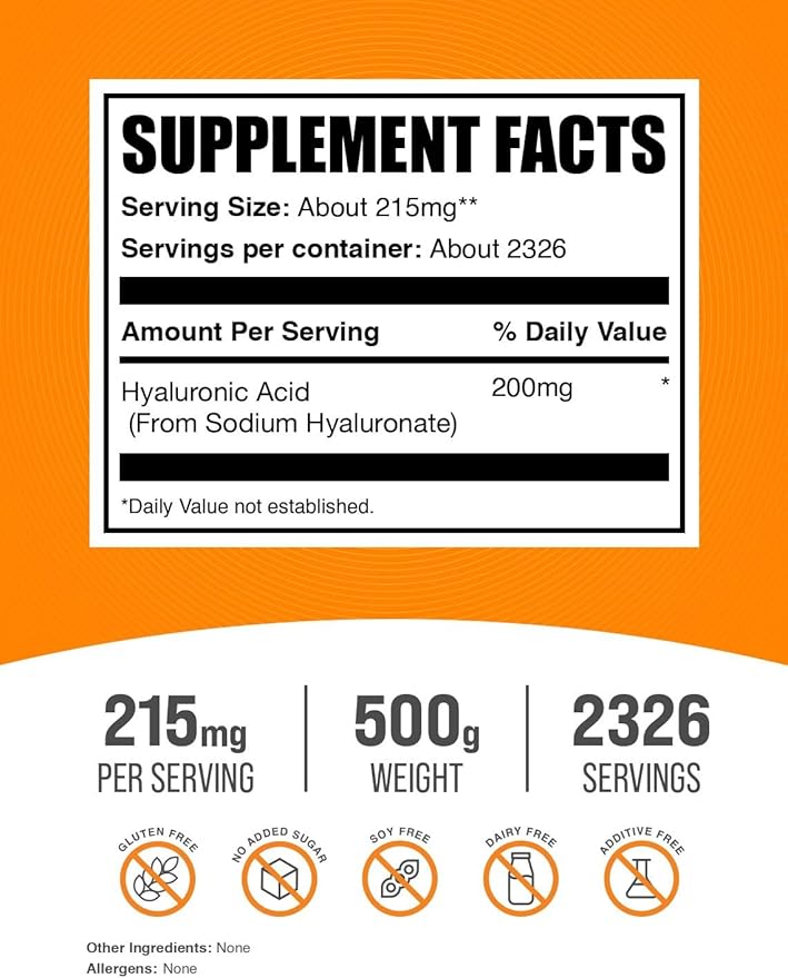 BulkSupplements.com Hyaluronic Acid Powder - as Sodium Hyaluronate, Hyaluronic Acid Supplements - Food Grade, Gluten Free - 215mg per Serving, 500g (1.1 lbs) (Pack of 1)