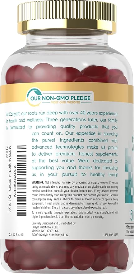 Carlyle Stress Support Gummies | 50 Count | with GABA and L-Theanine | Strawberry Lemon Flavor | Non-GMO, Gluten Free Supplement