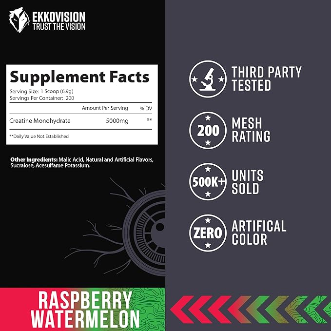 Creatine Monohydrate Powder, Micronized, Raspberry Watermelon, Pre & Post Workout Supplement for Men and Women, Energy Support, Easy to Mix in Shakes, Smoothies & Beverages, 200 Servings