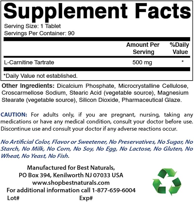 Best Naturals L-Carnitine Tartrate 500 mg 90 Tablets (90 Count (Pack of 3))