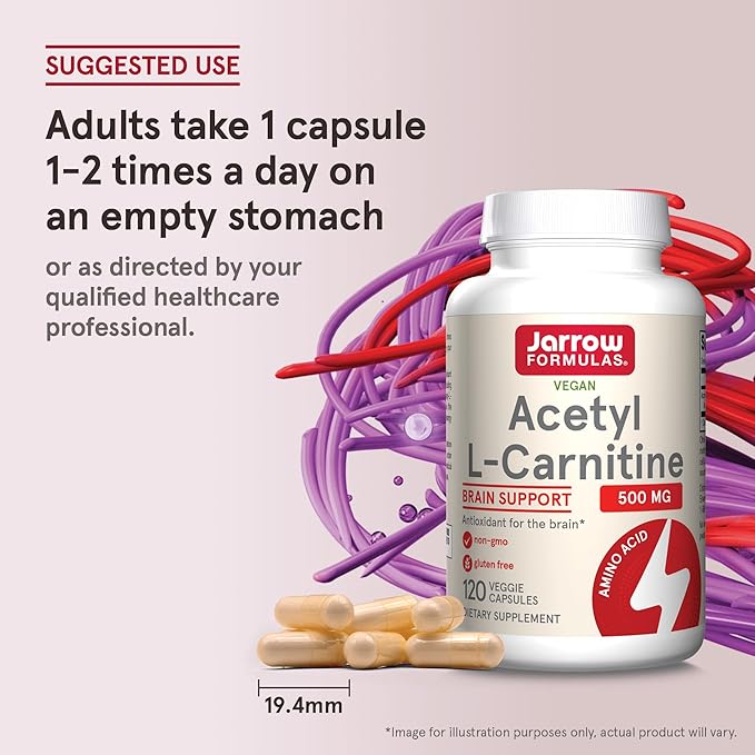 Jarrow Formulas® Acetyl L-Carnitine 500 mg, Dietary Supplement, Amino Acid Support for Brain Health and Antioxidants, 120 Veggie Capsules, 120 Day Supply