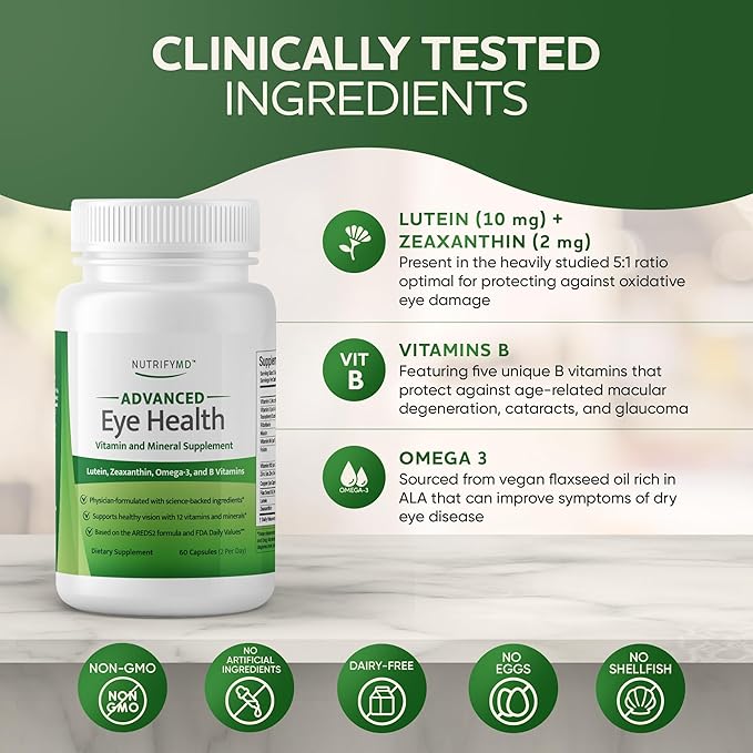 Advanced Eye Health Vitamin and Mineral Supplement with Lutein, Zeaxanthin, Omega-3, and B Vitamins - 60 Capsules