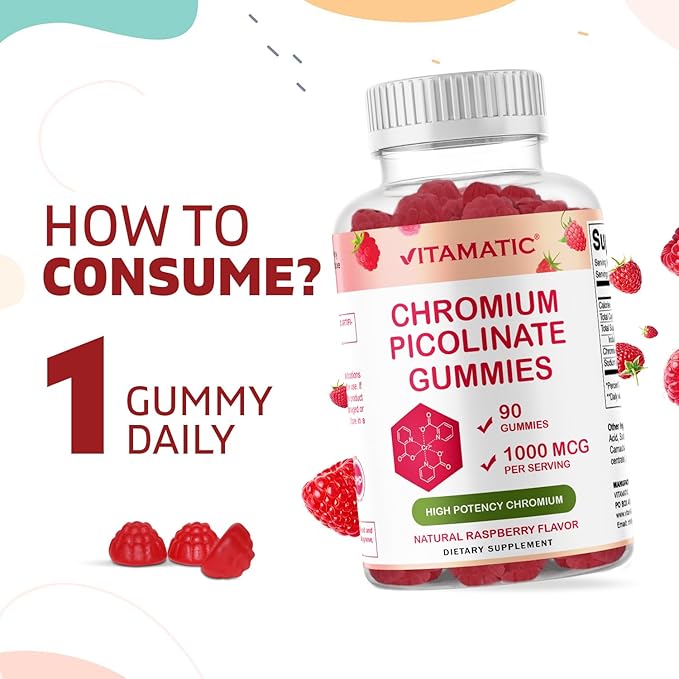 Vitamatic Chromium Picolinate 1000 mcg - 90 Gummies - High Potency Chromium - Raspberry Flavor (Total 180 Gummies) 2 Packs