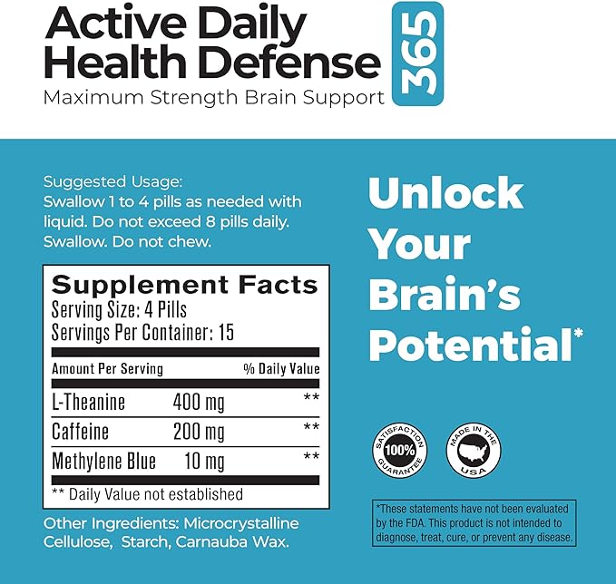 Best 365 Labs Maximum Strength Brain Support - Methylene Blue, Caffeine, and L-Theanine - Improve Focus and Memory - Unlock Your Brain’s Potential - 60 Tablets