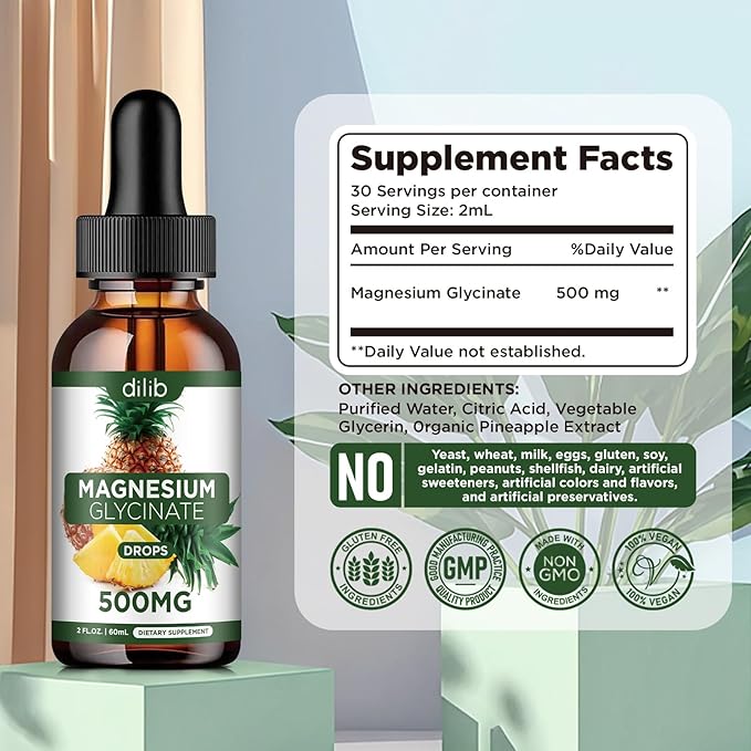 (2 Pack) Magnesium Glycinate Supplement, Liquid Magnesium Glycinate Liquid Drops 500mg-Support Stress Relief, Relaxation, Mood, Sleep, Bone & Muscle-4 Fl Oz, Vegan, Pineapple Flavor