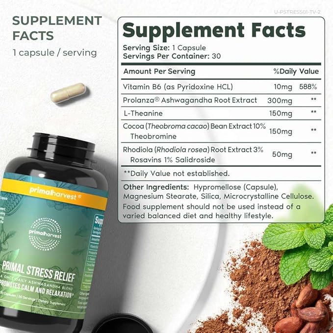 Primal Harvest Stress Relief Supplement for Women and Men Pure Ashwagandha Root Extract, L-Theanine Supplements, 60 Capsules