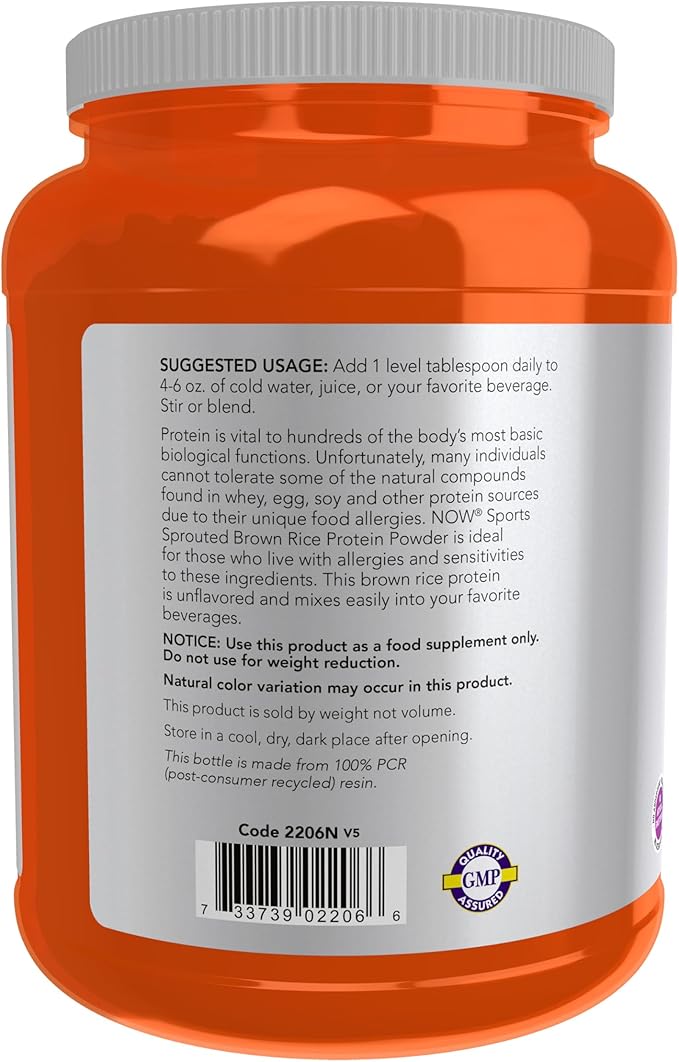 NOW Foods Sports Nutrition, Sprouted Brown Rice Protein, 80% Protein, Unflavored Powder, 2-Pound