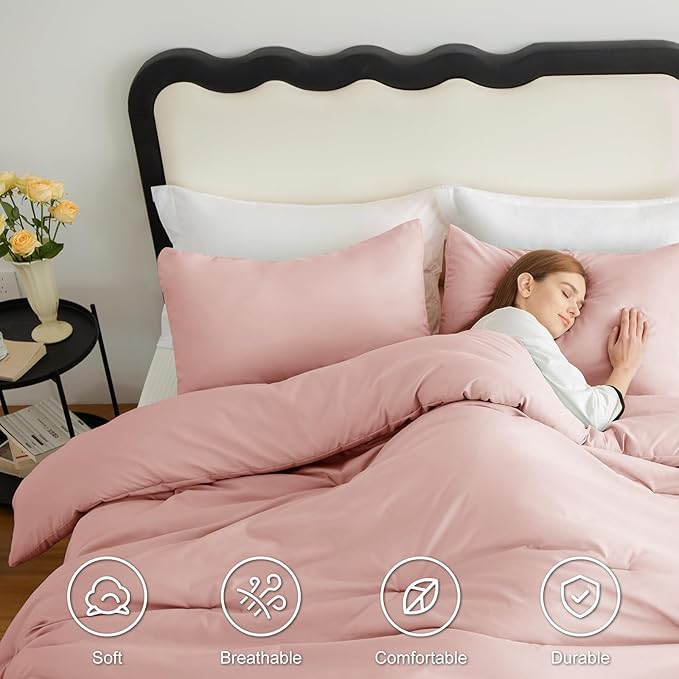 CozyLux Blush Pink Comforter Set Full Size for Girls, 3 Pieces Women Solid Breathable Quilted Boho Style Bedding Sets, Luxury Fluffy Soft Microfiber Comforter & 2 Pillowcases All Season