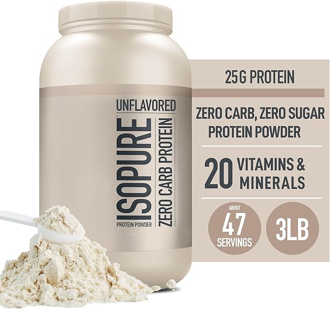 Isopure Zero Carb 100% Pure Whey Isolate Protein Powder, Lactose Free, Gluten Free, With Vitamins, Unflavored, 25g Protein Per Serving, 3 Lbs, 47 Servings