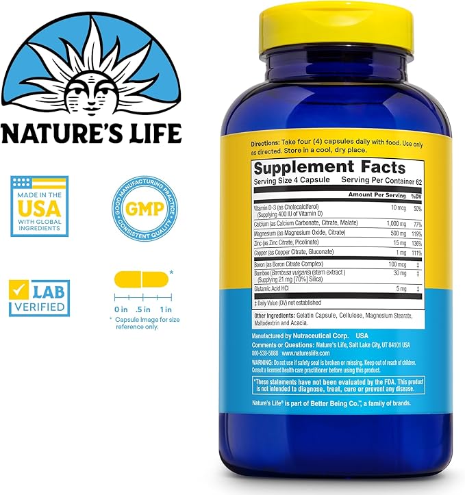NATURE'S LIFE Cal Mag Zinc Complex 1000mg / 500mg / 15mg - Calcium Magnesium Zinc Supplement w/Vitamin D and Boron - Bone Health, Muscle and Heart Health Support, 60 Day Guarantee, 62 Serv, 250 Caps