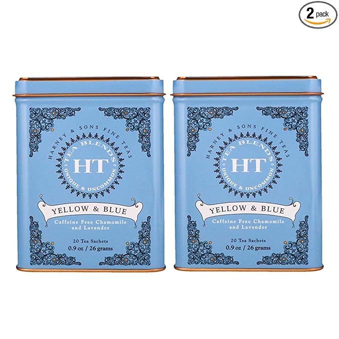 Harney & Son's Yellow and Blue Herbal Tea Tin 20 Sachets (0.9 oz ea, Two Pack) - Herbal Tea Blend of Chamomile, Lavender, and Cornflower - Caffeine Free - 2 Pack 20ct Sachet Tins (40 Sachets)