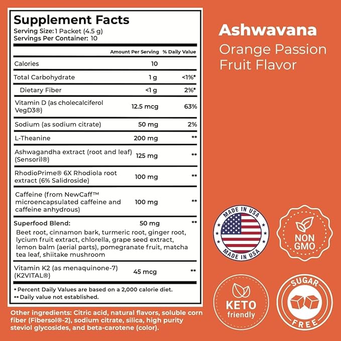 Ashwavana Ashwagandha & Vitamin D Drink Mix With L-Theanine, K2, Rhodiola, 100MG Time-Release Caffeine - Orange Passion Fruit Flavor. America's #1 Ashwa Drink