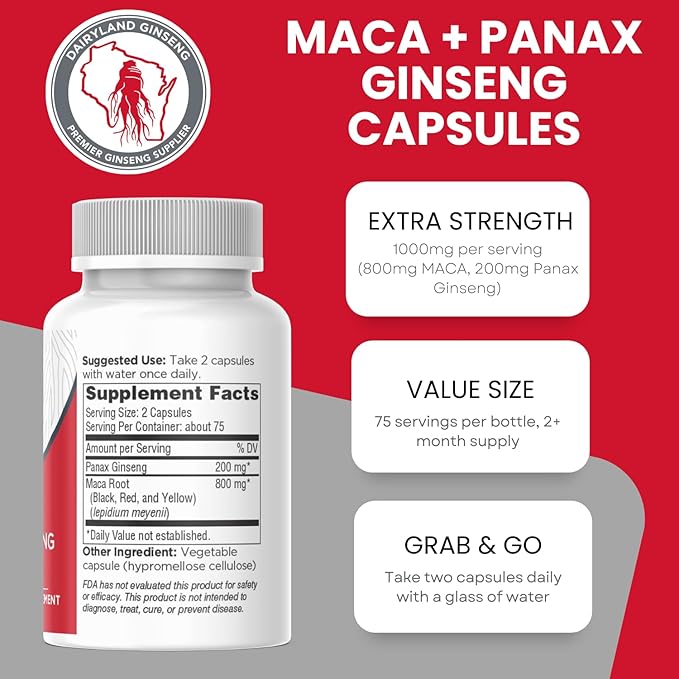 Maca Root Capsules + Korean Panax Ginseng - Concentrated Extract Black + Red + Yellow Maca Root, Panax Ginseng Capsules 150 ct
