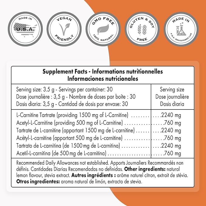 Supersmart - L-Carnitine Formula (Natural Lemon Flavor) - 2-in-1 with Acetyl L-Carnitine & L-Carnitine Tartrate Powder - Amino Acids Complex Supplement | Non-GMO & Gluten Free - 105 g