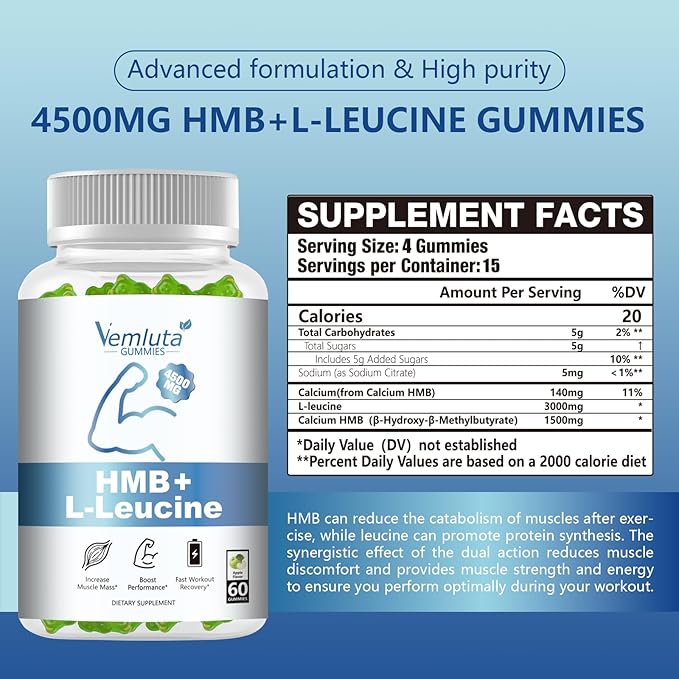 2 Packs HMB and Leucine Supplements Gummies for Men, Women - 4500MG, HMB & Leucine for Muscle Recovery & Growth Support, Non-GMO, Gluten-Free, Vegan, Adults & Elder, Apple Flavor, 120 Counts