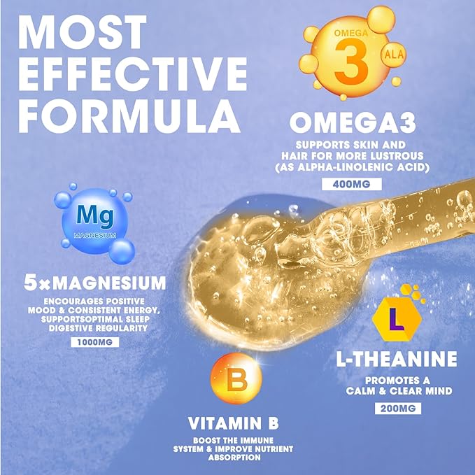 (2 Pack) Magnesium Glycinate Liquid Drop with Citrate, Oxide and Taurate, Calm Magnesium with Omega3, L-Theanine, D3, B6, B12 for Calm, Sleep, Leg Cramps, Muscles, Energy, Sugar-Free Blueberry Flavor