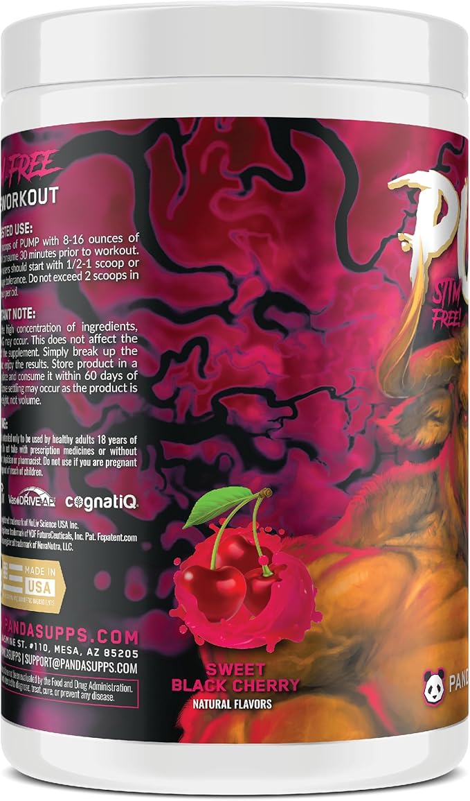 Panda Supps Pump: Stimulant-Free Pre-Workout, No-Clump Formula w/10G L-Citrulline Malate, Alpha GPC, Lions Mane,CognatiQ™, AmentoPump™ 40 Scoops (Sweet Black Cherry)