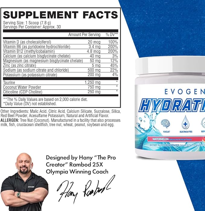 Evogen Hydration - Electrolytes Powder | Sugar-Free Electrolyte Powder Supplement for Hydration, Energy, and Recovery | Coconut Water, B Vitamins, Potassium | Watermelon | 30 Servings