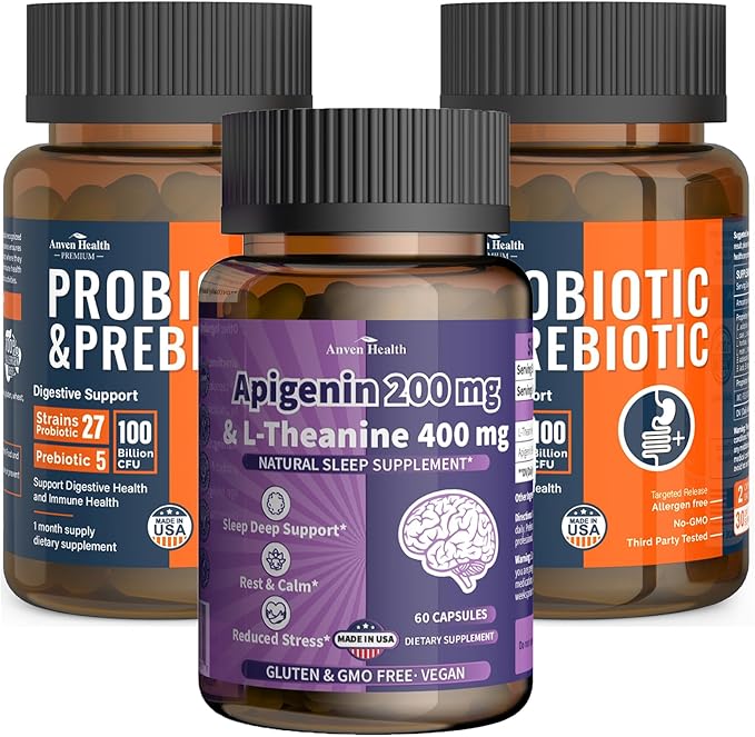 100 Billion Probiotics for Gut & Immune Health + Apigenin 200mg with L-Theanine 400mg for Relaxation & Stress Support | 27 Strains, Vegan, Non-GMOไธจ120Caps + 60 Veggie Caps
